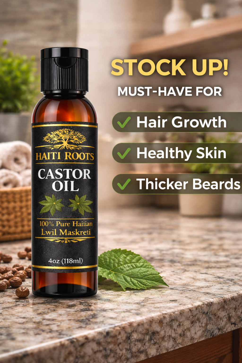Haiti Roots Castor Oil – 100% Pure Haitian Lwil Maskreti (4oz)